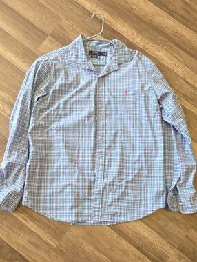 Polo by Ralph Lauren Men’s Light Blue and Pink Plaid Button-Down Shirt